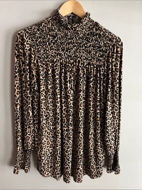 Good Hart Leopard Smocked Mock Neck Blouse Size M Animal Print Top